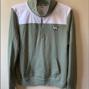 NWT VS PINK large earth green 1/4 quarter zip top w floral backside LOGO